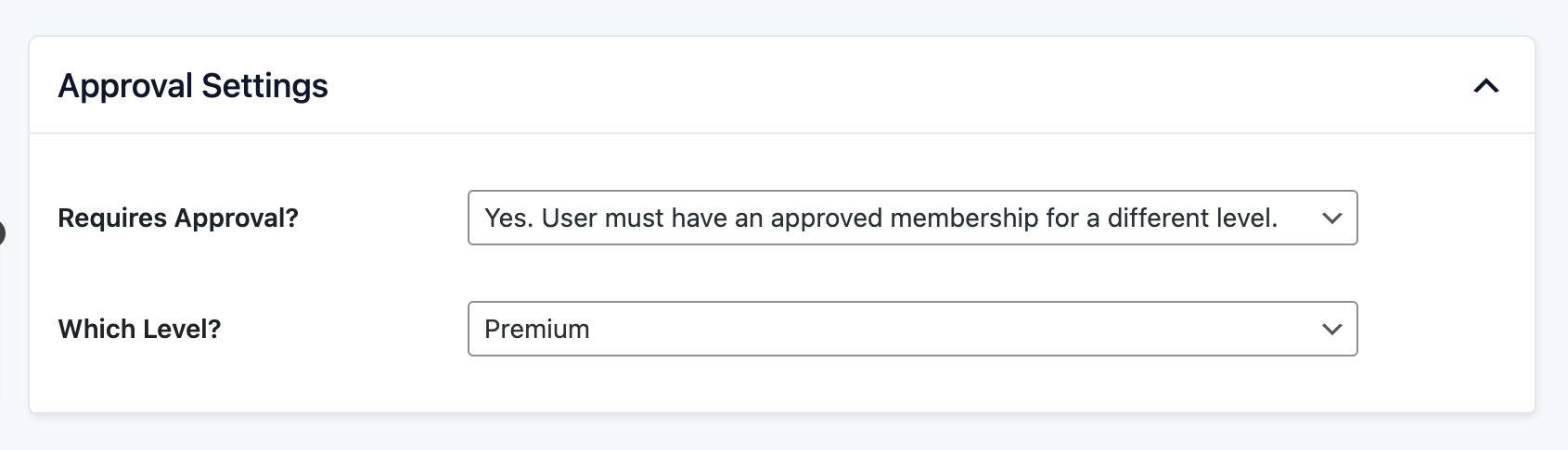 Membership approval settings with a premium level requirement.