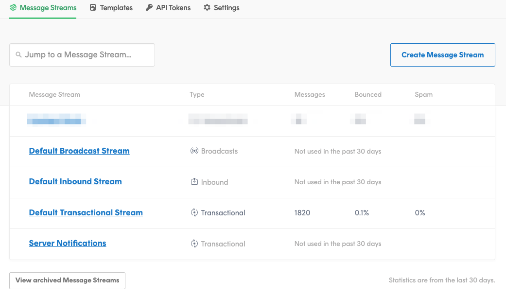 Message Streams dashboard showing different streams like Broadcast, Inbound, and Transactional, with details on message count, bounce rate, and spam rate over the past 30 days.