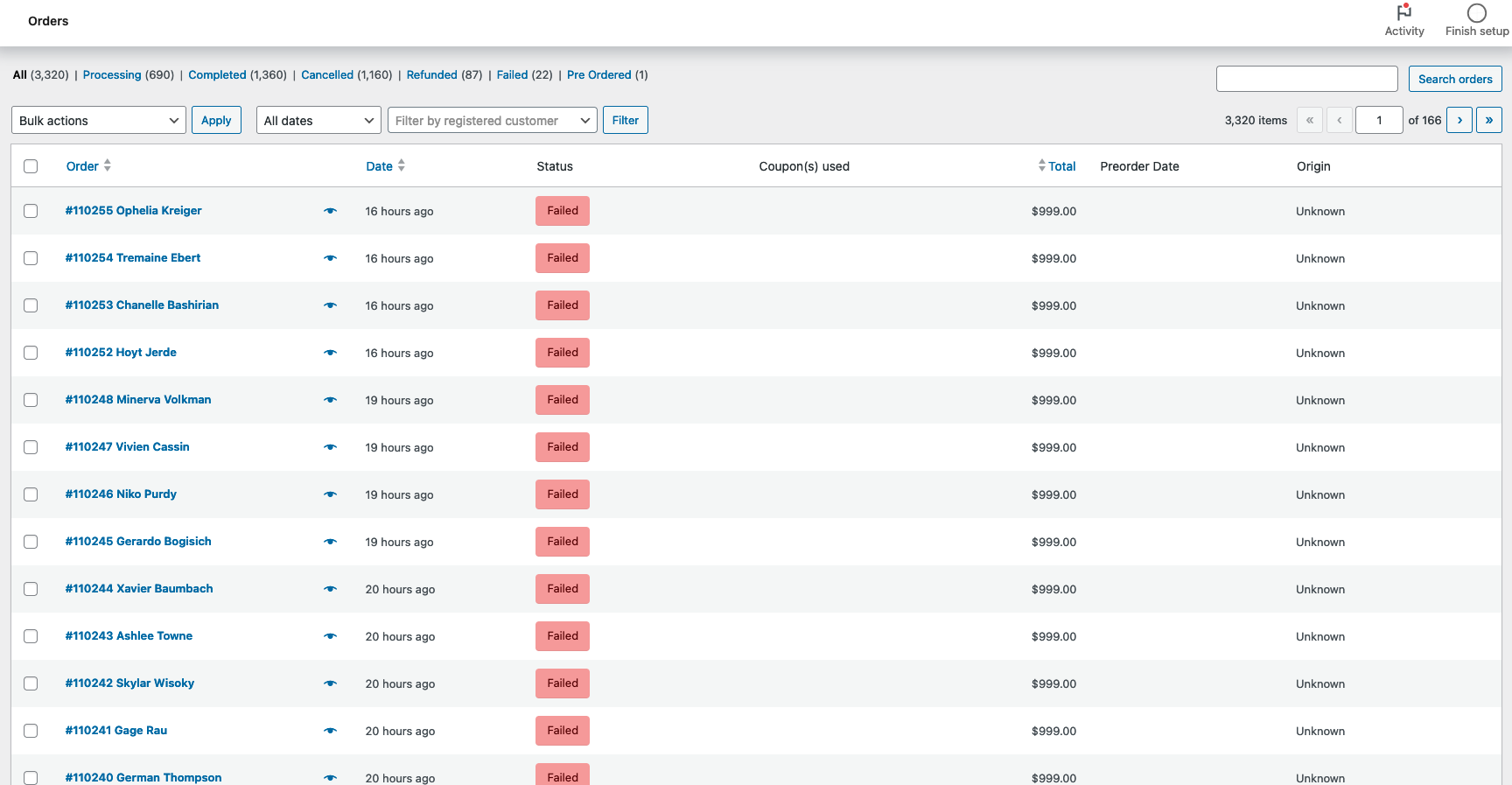 E-commerce order management system showing multiple failed orders with a red "Failed" status, highlighting potential spam or fraudulent activity.