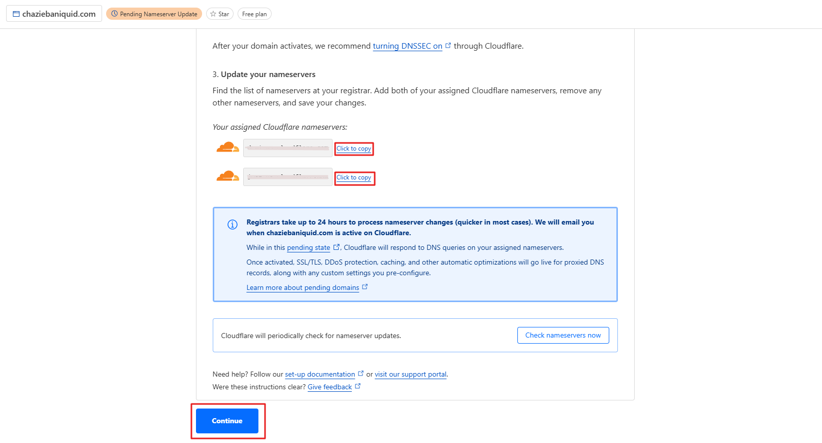 Cloudflare nameserver update instructions with Click to Copy buttons and Continue highlighted.