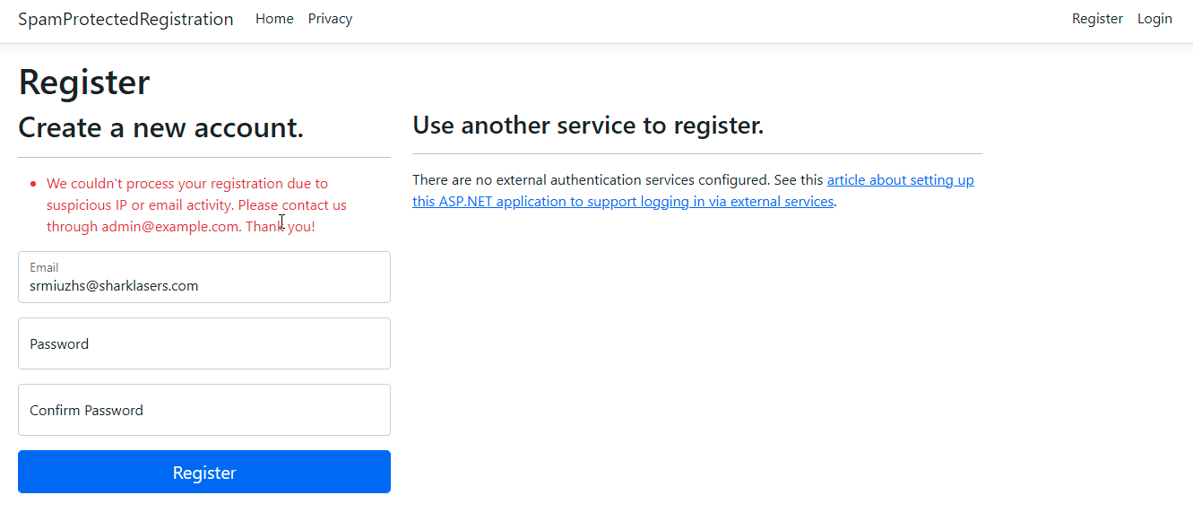 Blocked registration in ASP.NET Core Web App