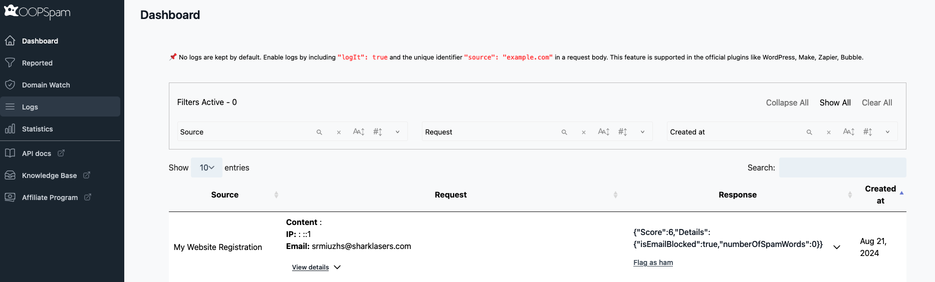 Logs in the OOPSpam Dashboard