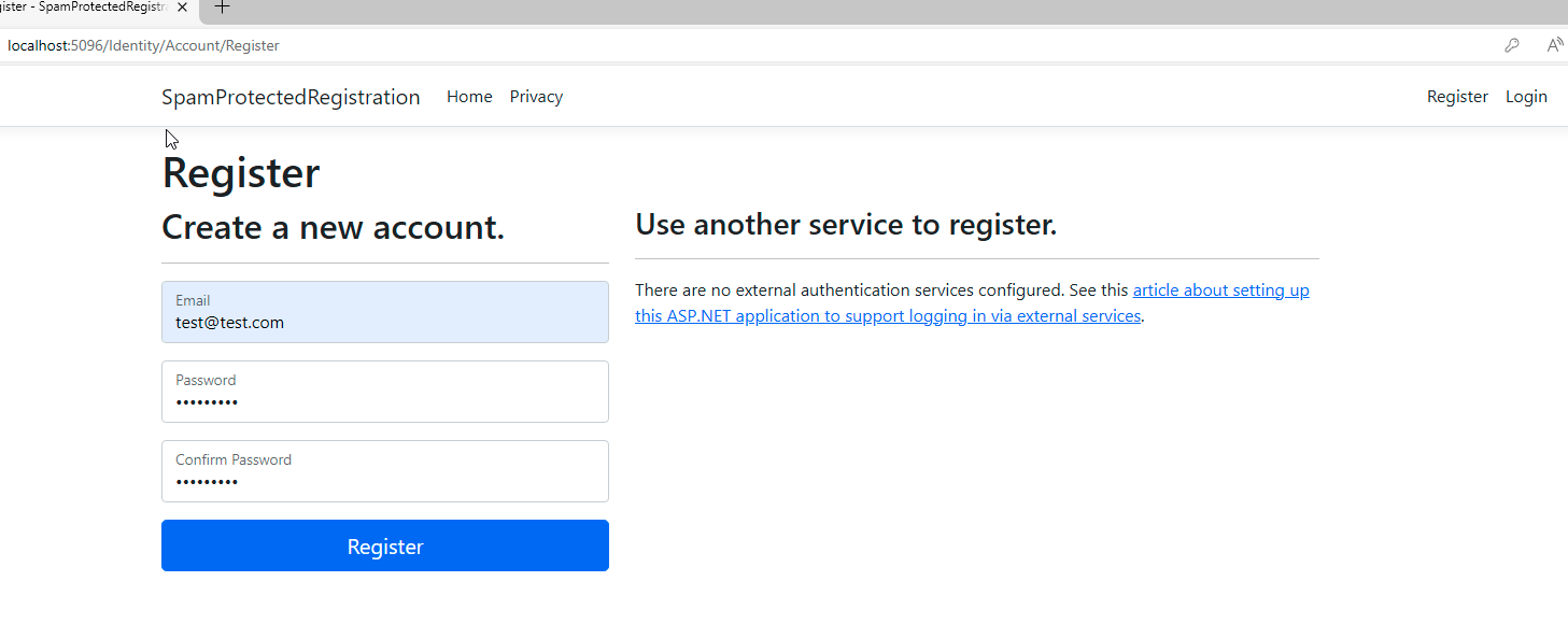 Registration page in ASP NET Core Web App