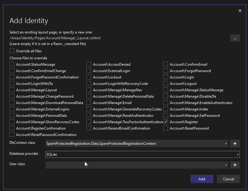 Scaffolded Identity in ASP NET Core Web App