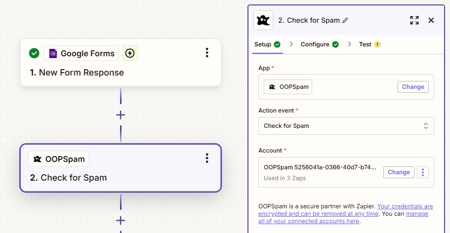 Google Forms response integrated with OOPSpam in Zapier.