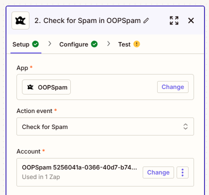 Zapier setup interface for OOPSpam action event.