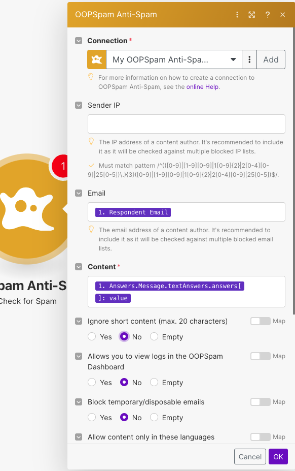 OOPSpam Anti-Spam module settings with input fields for email and content.