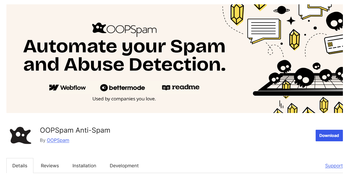 OOPSpam Anti-Spam promotional banner featuring the text 'Automate your Spam and Abuse Detection,' with logos of Webflow, bettermode, and readme, and a graphic illustration of spam protection elements.