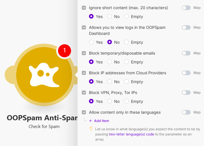 OOPSpam Anti-Spam settings interface with various spam filtering options.