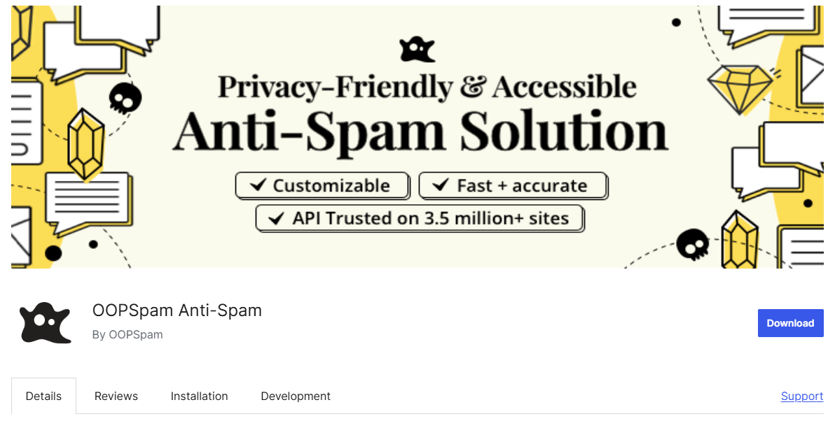 Banner for OOPSpam Anti-Spam highlighting features like "Privacy-Friendly & Accessible Anti-Spam Solution," with customizable settings, fast and accurate performance, and an API trusted on over 3.5 million sites.