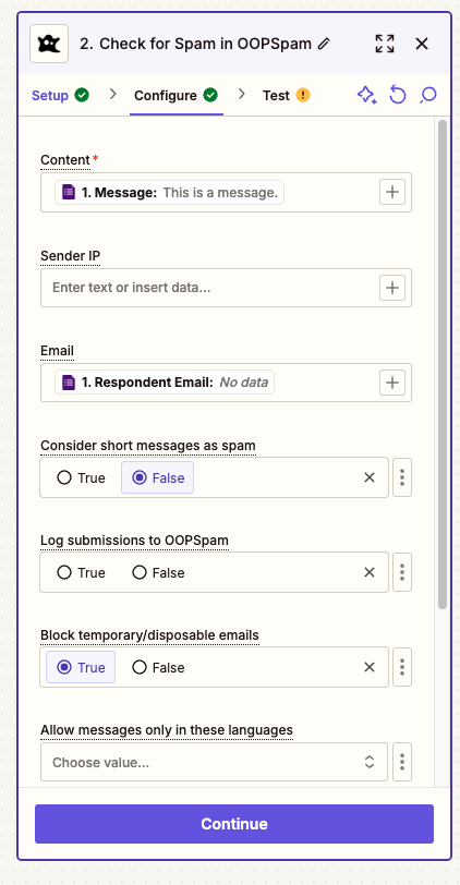 OOPSpam configuration screen with message and email input fields.