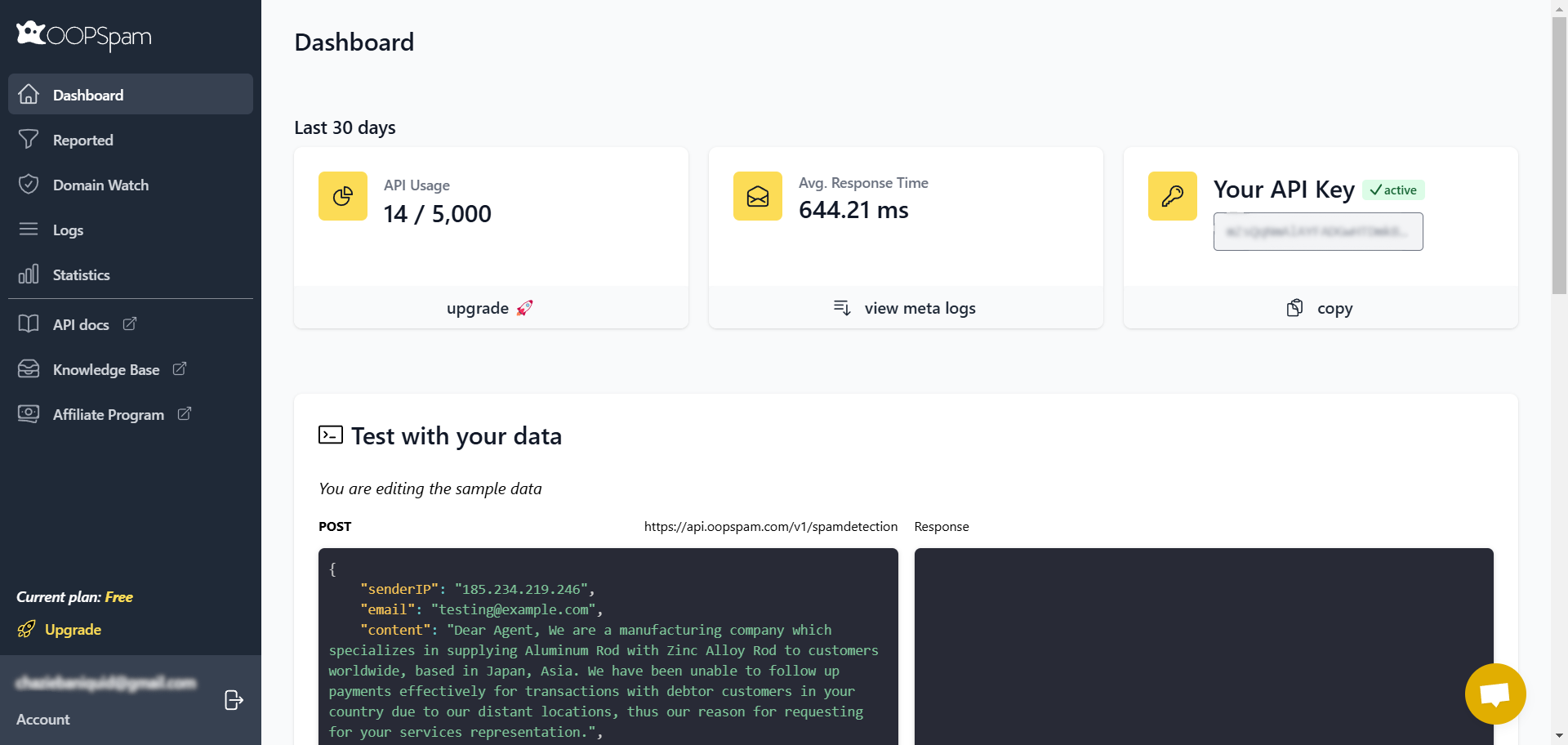 OOPSpam dashboard showing API usage, average response time, active API key, and testing sample data for spam detection.