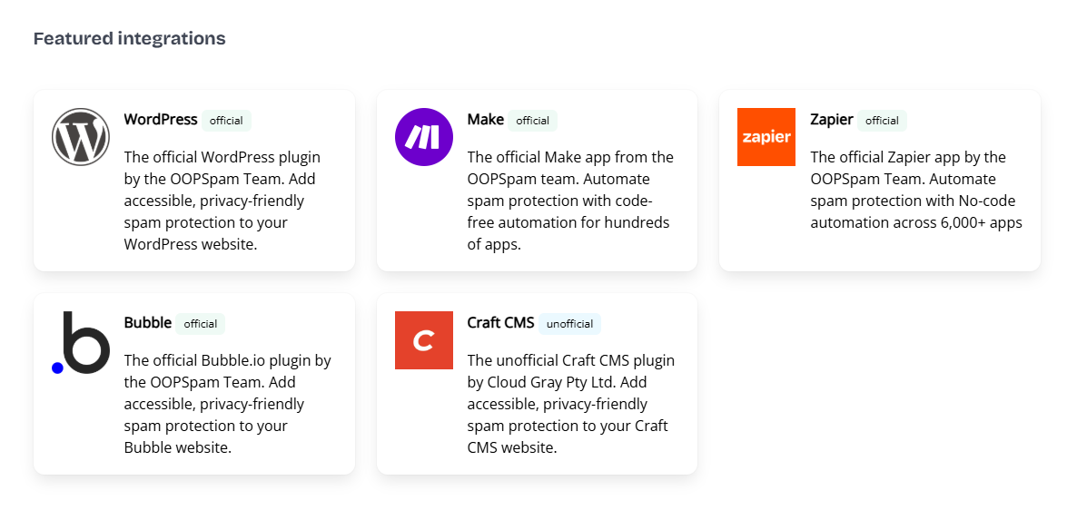 Featured integrations showcasing official and unofficial plugins by OOPSpam, including WordPress, Make, Zapier, Bubble, and Craft CMS