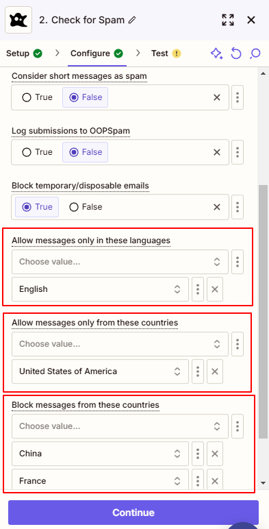 OOPSpam settings in Zapier with language and country filters.