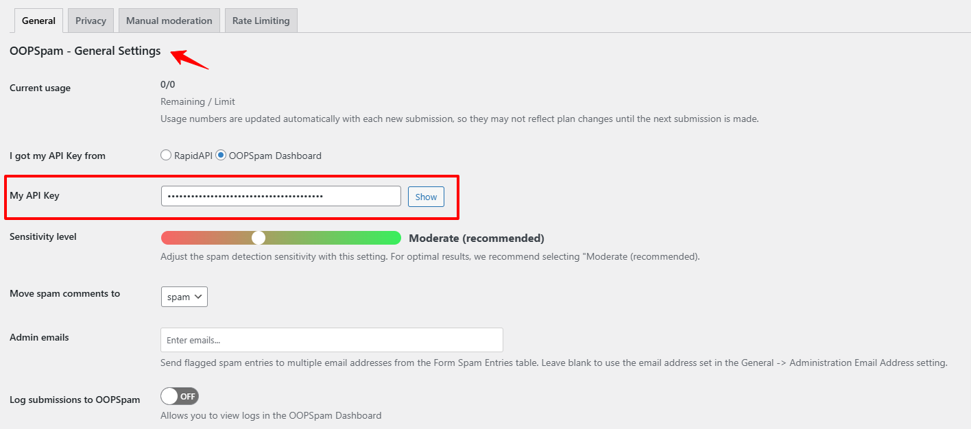 OOPSpam general settings page showing API key input and sensitivity level adjustment.