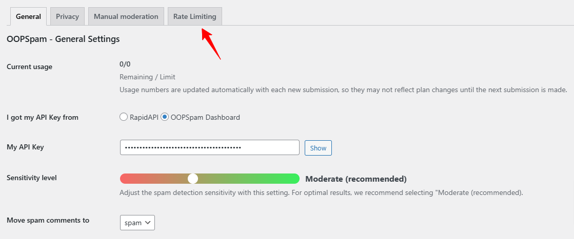 OOPSpam General Settings screen showing API key input, sensitivity level adjustment, and navigation tabs including Rate Limiting.