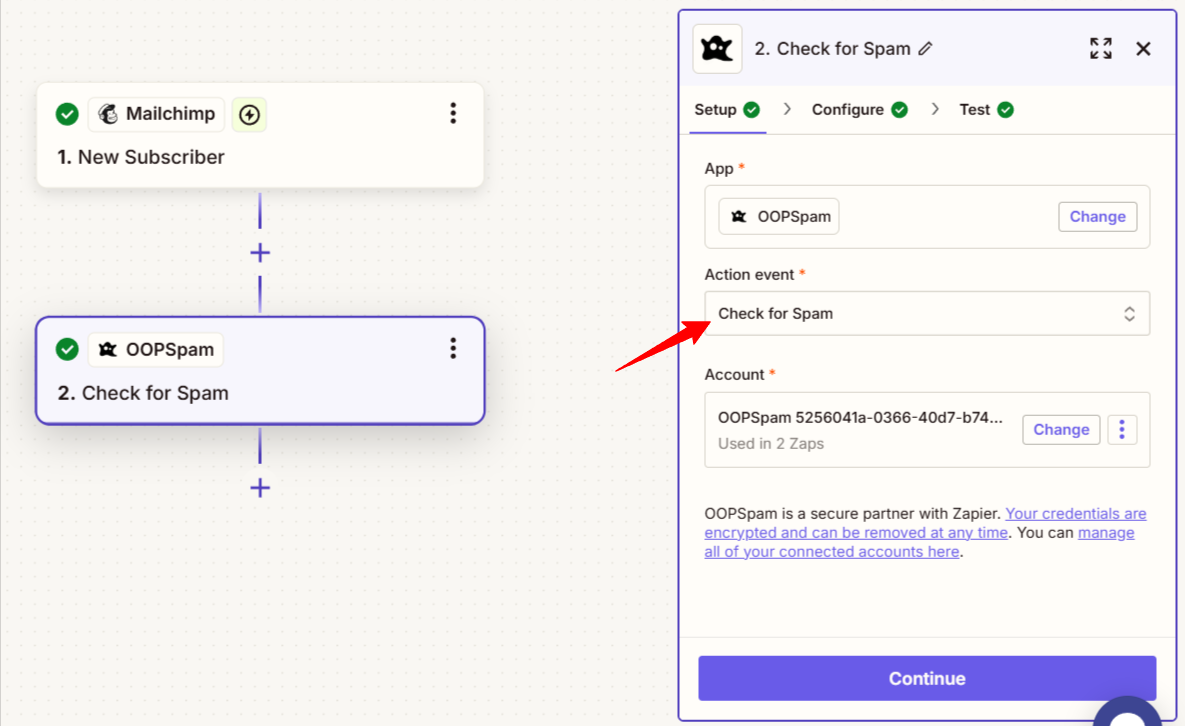 Zapier workflow integrating OOPSpam for spam detection.