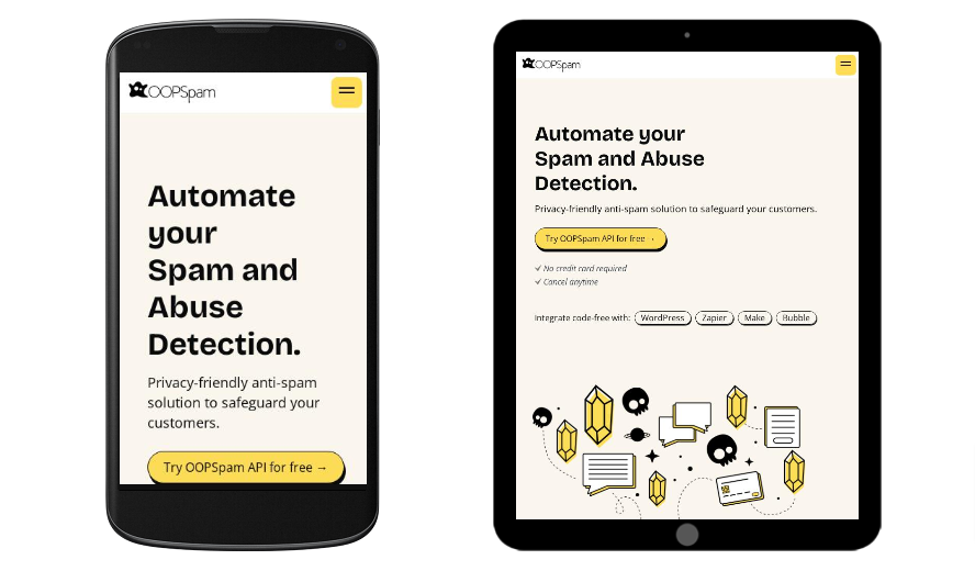 Mobile and tablet views of the OOPSpam website homepage, showcasing its spam and abuse detection service with a focus on privacy and integration options for WordPress, Zapier, and other platforms.