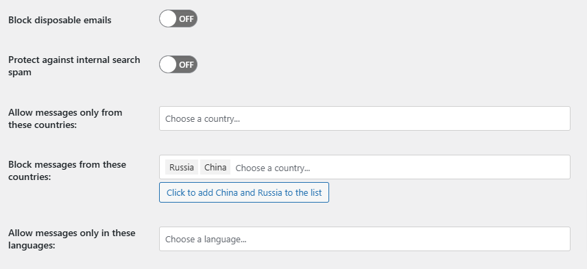 OOPSpam settings page showing email and country-based spam filtering options.