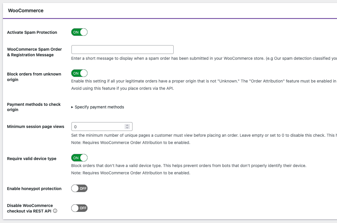 WooCommerce setting in the OOPSpam WordPress plugin WooCommerce setting in the OOPSpam WordPress plugin