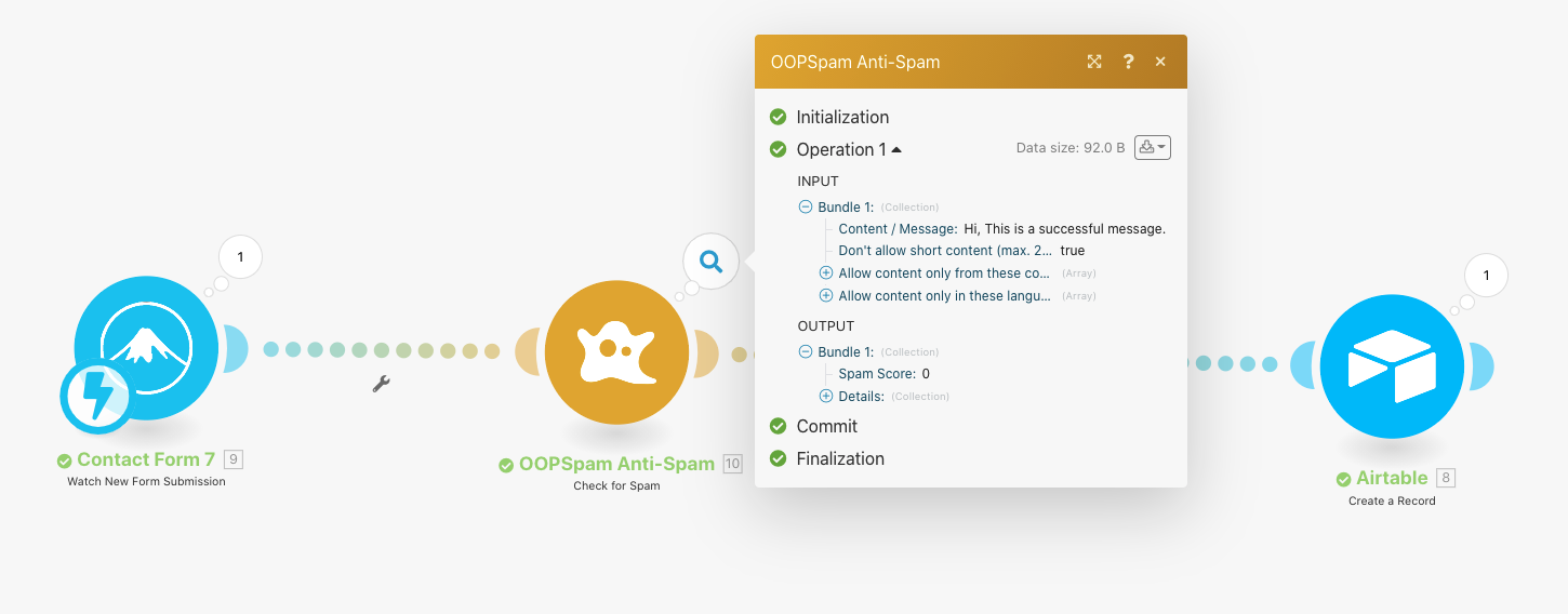 Contact Form 7 connected to OOPSpam Anti-Spam and Airtable for spam detection and data storage.