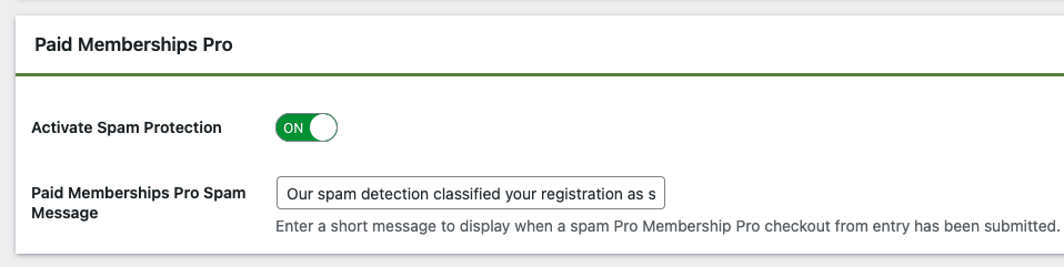 Paid Memberships Pro spam protection settings enabled.