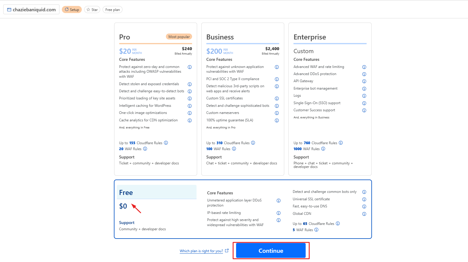 Cloudflare plan selection screen with Free plan highlighted and Continue button indicated.