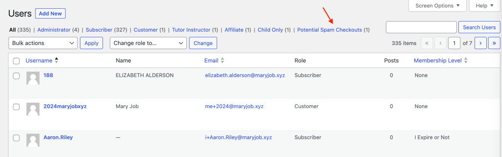 User management dashboard highlighting potential spam checkouts.