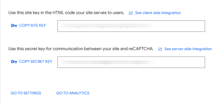 Google reCAPTCHA site and secret key configuration.