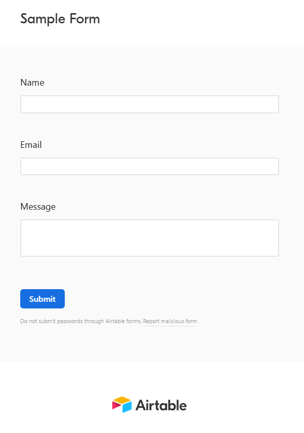 Airtable sample form with fields for name, email, and message.