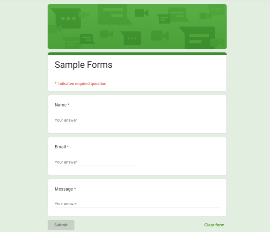 Google Form with fields for name, email, and message.