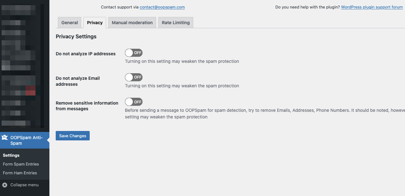 The OOPSpam Anti-Spam plugin's "Privacy Settings" page, showing toggle options for disabling IP and email address analysis, and removing sensitive information from messages. All toggles are set to "OFF."