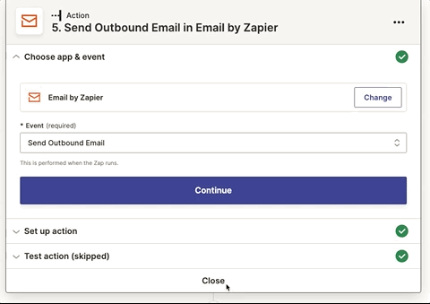 Zapier workflow showing the setup for sending outbound emails using Email by Zapier.