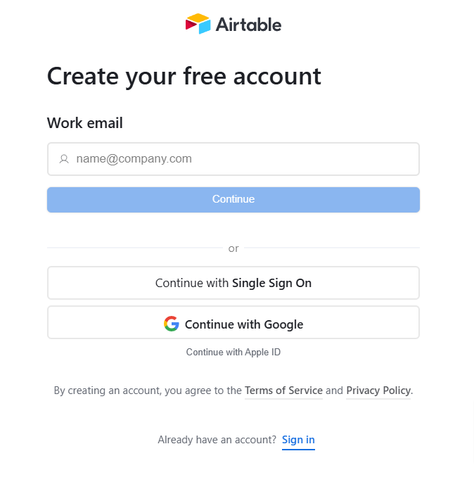 Airtable sign-up page with email input and multiple login options.