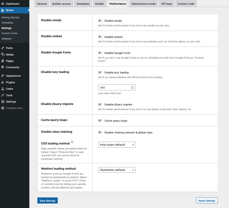 Bricks Builder Performance settings tab