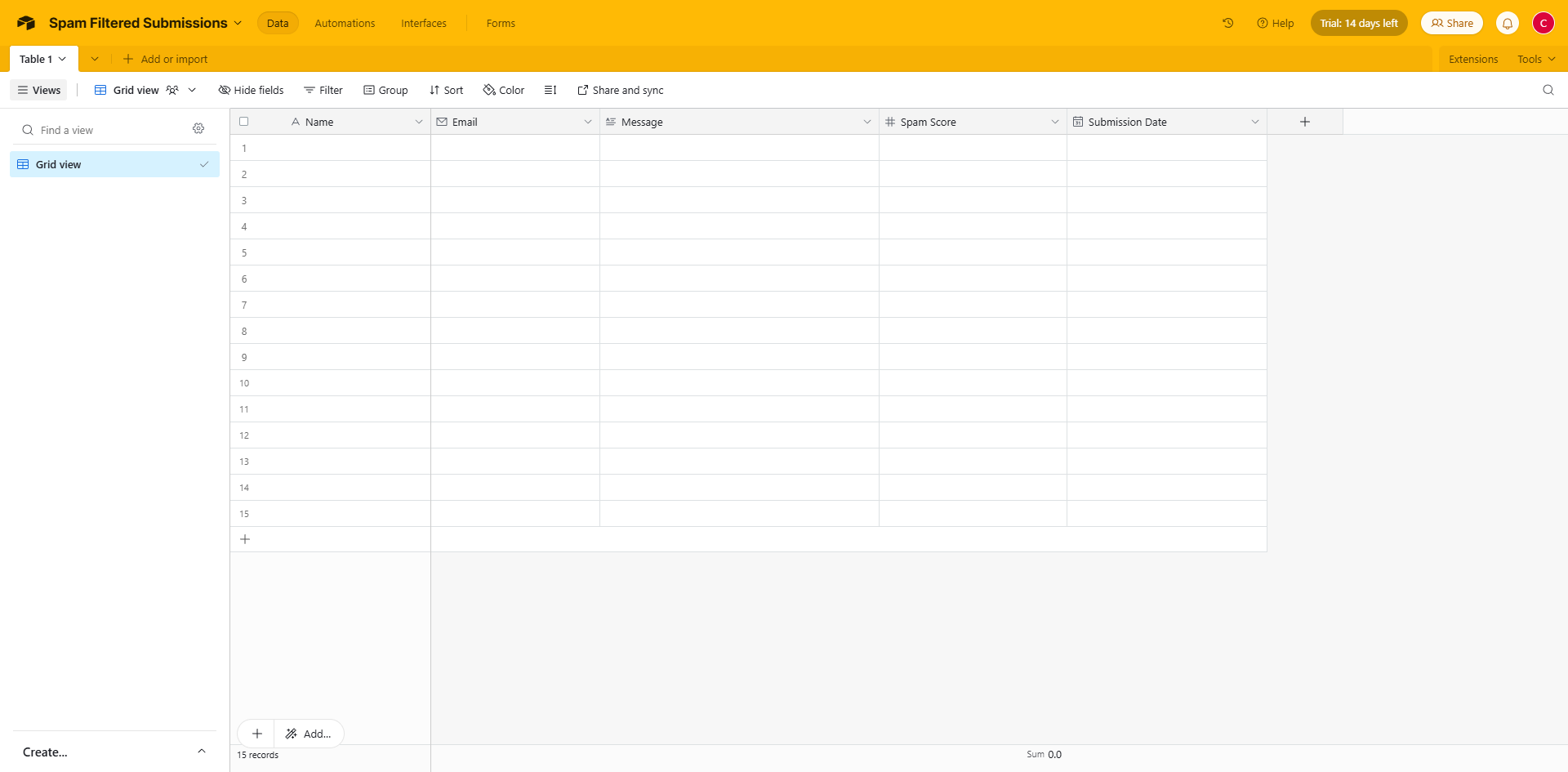 Airtable interface showing an empty table for spam-filtered submissions with columns for Name, Email, Message, Spam Score, and Submission Date.