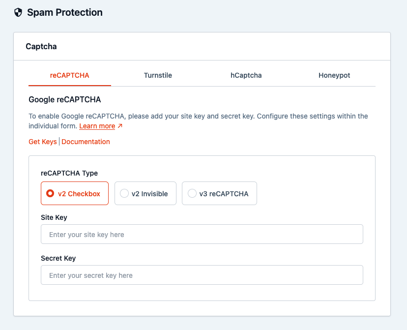 Google reCAPTCHA settings with options for v2 Checkbox, v2 Invisible, and v3 reCAPTCHA.