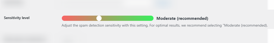 Spam detection sensitivity slider set to Moderate.