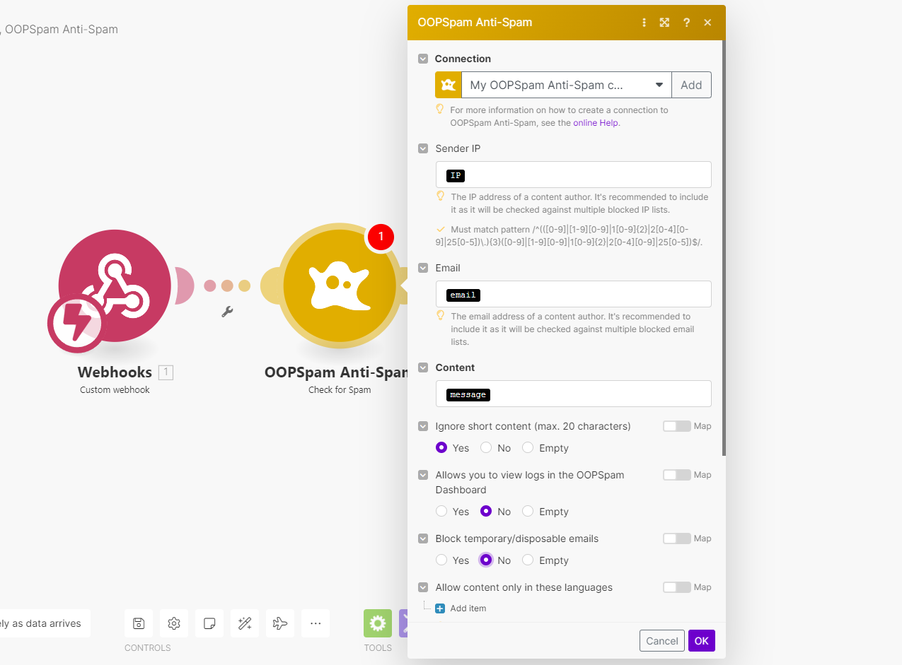 OOPSpam Anti-Spam integration settings with email and content filtering.