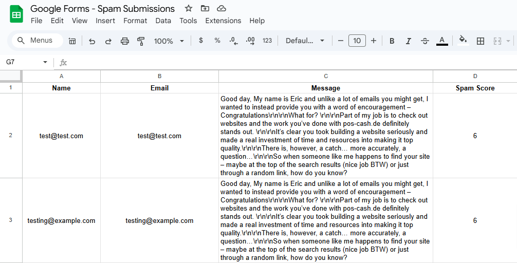 Google Sheets showing spam submissions with columns for Name, Email, Message, and Spam Score.