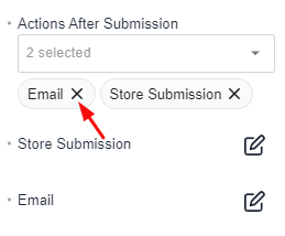 Actions After Submission settings with 'Email' and 'Store Submission' selected, and an option to remove them.