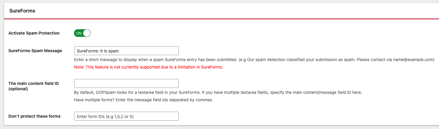 SureForms spam protection settings with activation toggle and optional fields for spam message and form IDs.