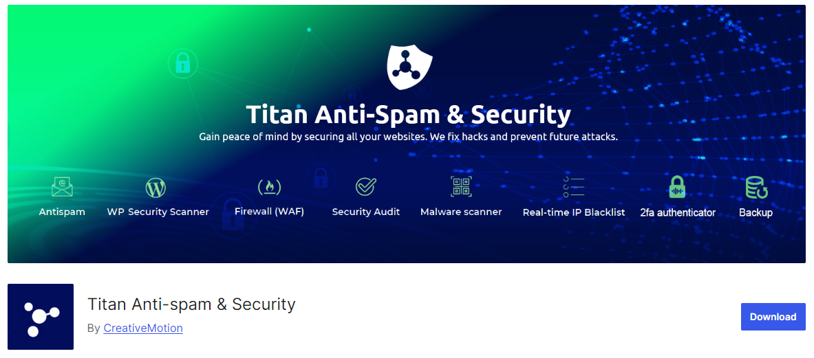 Titan Anti-Spam & Security plugin for WordPress offering features like antispam, firewall, malware scanner, and real-time IP blacklist, with a download option.