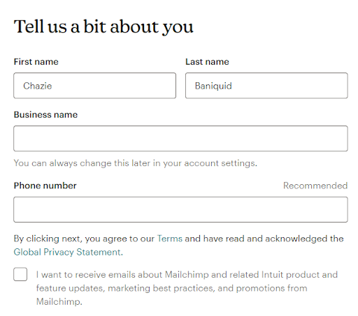 Sign-up form asking for first name, last name, business name, and phone number with an option to subscribe to emails, along with terms and privacy acknowledgment.