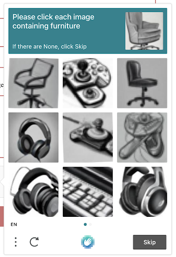 reCAPTCHA challenge asking the user to select images containing furniture from a 3x3 grid, with a 'Skip' option if no furniture is present.