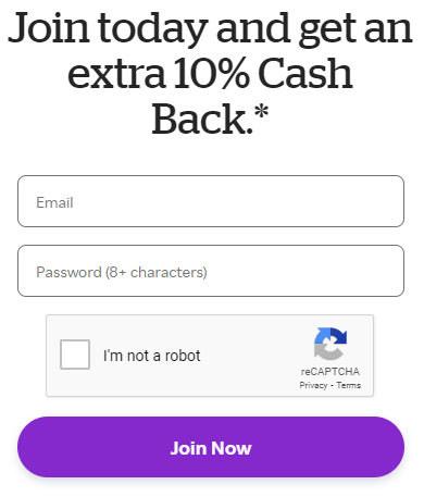 Sign-up form offering 10% cash back with fields for email and password, reCAPTCHA verification, and a 'Join Now' button.