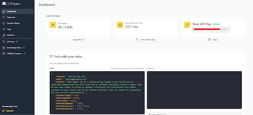 OOPSpam dashboard showing API usage, response time, and API key, with options to test data and view logs, along with navigation menu on the left.