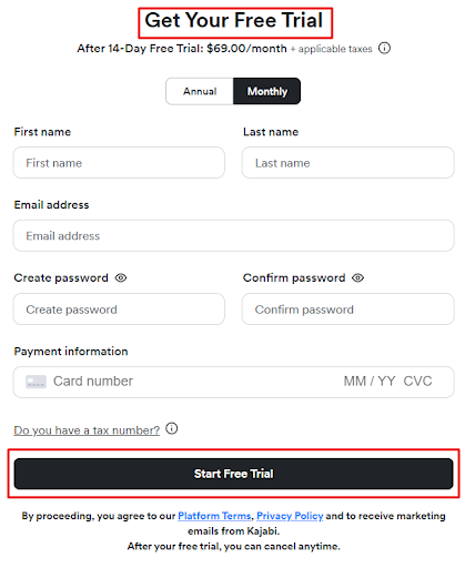 Free trial sign-up form requesting personal details, payment information, and password creation, with options for monthly or annual plans and a 'Start Free Trial' button.