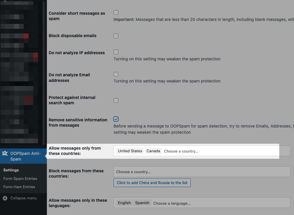 Allowed country in OOPSpam