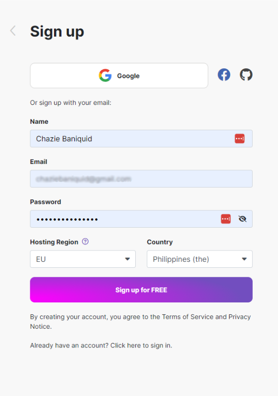 Sign-up form with fields for name, email, password, hosting region, and country selection.